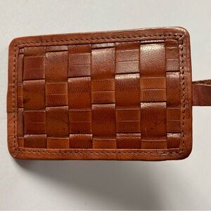 Leather Luggage Tag New NWT Brown Woven Travel ID Tag Two’s Company 4.5 X 3”